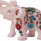 4" Marble Salute Pose Elephant Statue Turquoise Multi Stone Floral Columbus Gift