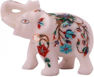 4" Marble Salute Pose Elephant Statue Turquoise Multi Stone Floral Columbus Gift