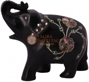 3" Marble Black Elephant Sculpture Pauashell Inlaid Floral Design Columbus Gifts
