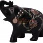 3" Marble Black Elephant Sculpture Pauashell Inlaid Floral Design Columbus Gifts