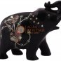 3" Marble Black Elephant Sculpture Pauashell Inlaid Floral Design Columbus Gifts