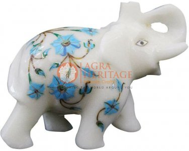 4" Marble Handmade Elephant Statue Gemstone Floral Design Hallway Decor Gifts