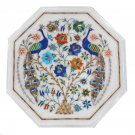 12" White Marble Side Table Top Peacock Marquetry Inlaid  Gems Mosaic Home Decor