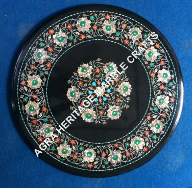 24" Black Marble Coffee Table Top Mother of Pearl Malachite Inlaid Decor E1214