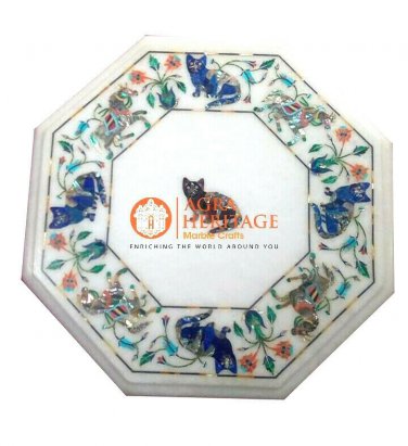 12" Marble Coffee Table Top Cat Horse Multi Inlay Floral Art Hallway Decor E1139