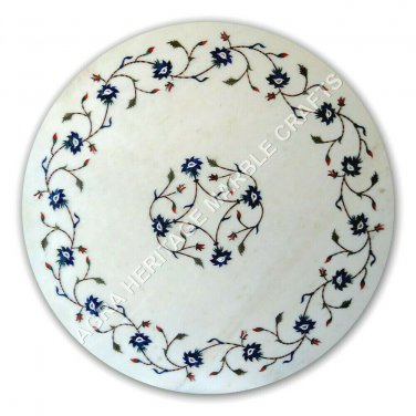 18" White Round Marble Coffee Table Top Lapis Lazuli Inlay Furniture Decor E1058