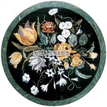 24'' Black Marble Coffee kitchen Table Top Mosaic Semi Precious Inlay Arts Decor