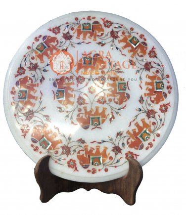 12" White Marble Round Coffee Table Top Hakik Inlay Elephant Hallway Decor E123