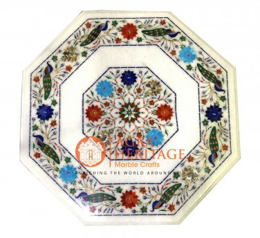 15" Marble Octagon Garden Table Top Peacock Floral Inlay Arts Decor Hallway E759