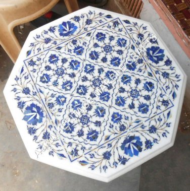 18" White Marble Coffee Outdoor Table Top Lapis Lazuli Inlay Marquetry Arts E758