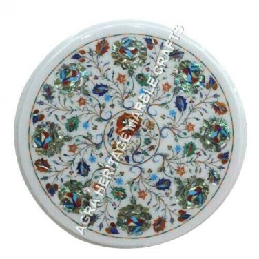 12" White Marble Round Coffee Cafe Table Top Multi Marquetry Inlay Decor H3441