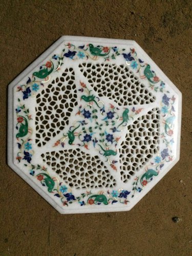 12" White Marble Modern Coffee Table Inlay Parrot Marquetry Handicraft Filigree
