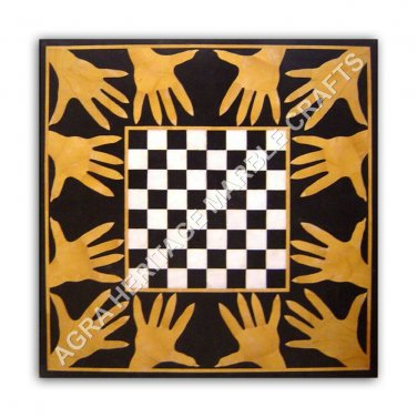 24" Black Marble Coffee Chess Table Top Handmade Inlay Design Garden Decor E1043