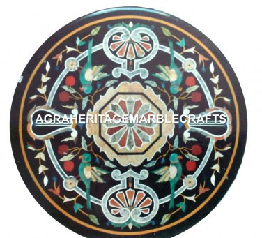Black Marble Round Mosaic Coffee Table Pietradure Inlay Birds Arts Decor H2949