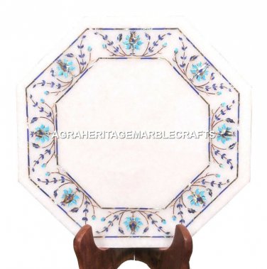 White Marble Coffee Table Top Turquoise Inlay Marquetry Floral Art Decor H2486