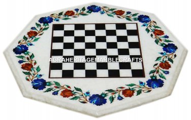 White Marble Marquetry Chess Table Top Rare Floral Arts Mosaic Inlay Decor H2990