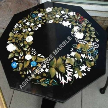 Black Marble Octagon Coffee Kitchen Table Top Floral Marquetry Inlay Decor E660