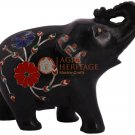 5" Black Jumbo Elephant Sculpture Carnelian Pietradura Inlay Art Veterans Gifts