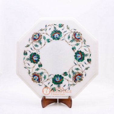 14"x14" Marble White Coffee bar Table Malachite Semi Precious Floral Art Decor