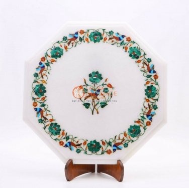 Antique Marble Top Table Malachite Inlay Semi Precious Floral Design Home Decor