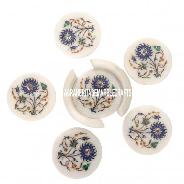 White Marble Coffee Coaster Set Lapis Lazuli Stone Inlay Kitchen Art Decor H3565