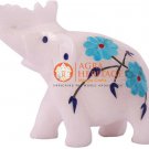 2.5" White Marble Wild Elephant Turquoise Inlay Floral Design New Year Eve Gift 2.5" White Marble Wild Elephant Turquoise Inlay Floral Design New Year Eve Gift