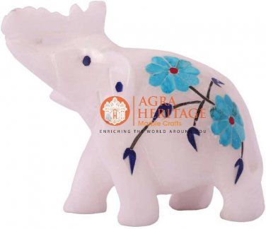 2.5" White Marble Wild Elephant Turquoise Inlay Floral Design New Year Eve Gift