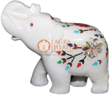 2.5" White Trunk Up Elephant Statue Multi Stone Inlay Design Columbus Eve Gifts