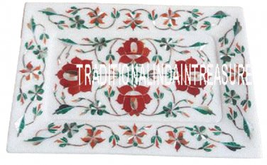9"x6" White Marble Serving Tray Plate Carnelian Marquetry Art Pietradura Decor