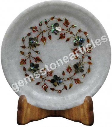 7"x7" White Collectible Serving Plate Pauashell Inlay Gemstone Art Columbus Gift