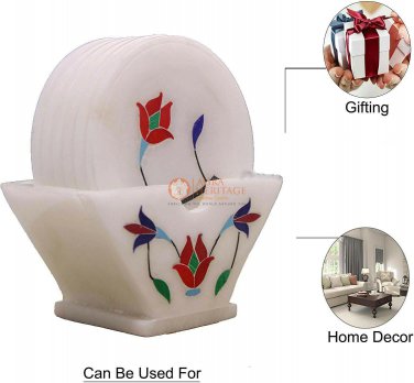 Marble White Handmade Coffee Mug Coaster Set Inlay Semi Precious Floral Art Deco