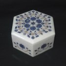 Marble Hexagon Jewelry Box Lapis Lazuli Floral Inlay Art Home Decorative Gifts