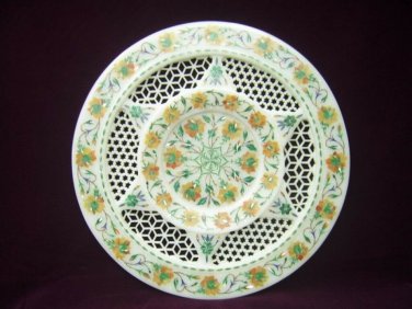 10" Grill Marble Round Serving Plate Hakik Malachite Inlay Stone Home Decor