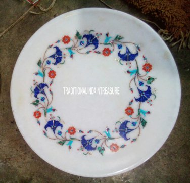 9" White Marble Serving Dish Plate Multi Inlay Floral Art Christmas Gift Decor