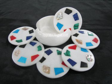 Marble White Coffee Coaster Fine Gemstone Inlay Marquetry Art Home Casino Decor