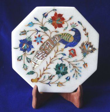 7" Marble Tiles Peacock Art Lapis Lazuli Paua Shell Pietra Dura Home Decor Gifts