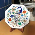 8" White Marble Tile Peacock Gems Semi Precious Plate Home Decor 8" White Marble Tile Peacock Gems Semi Precious Plate Home Decor