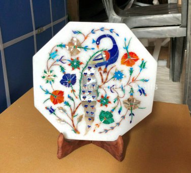 8" White Marble Tile Peacock Gems Semi Precious Plate Home Decor