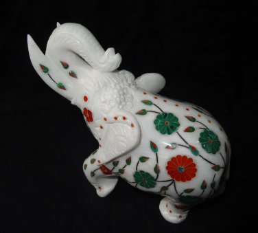 Marble Trunk Up Elephant Figurine Inlay Floral Marquetry Statue Good Luck Gift