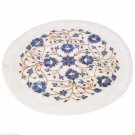 11" White Marble Round Serving Plate Lapis Lazuli Inlay Floral Marquetry Design