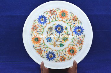 8" White Marble Serving Plate Hakik Lapis Floral Arts Kitchen Decor H5458