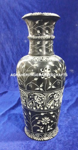 Elephant Hand Carved Art Marble Black Flower Vase Patio Decor Wedding Gift H4177