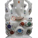 6" Marble White Ganesha Ji Statue Turquoise Inlay Floral Design Columbus Gifts