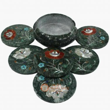 Green Marble Round Coaster Set Floral Inlay Marquetry Arts Kitchen Decor E1965