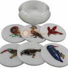 Bird Inlay Design White Marble Round Coaster Set Drinkware Decor Gift E1991