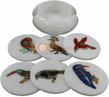 Bird Inlay Design White Marble Round Coaster Set Drinkware Decor Gift E1991