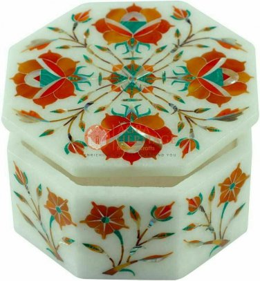 3"x3"x2" Marble Jewelry Custom Box Carnelian Marquetry Floral Art Halloween Gift