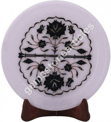 8" Marble White Dinner Plate inlay Black Z Italian Floral Work Thanksgiving Gift