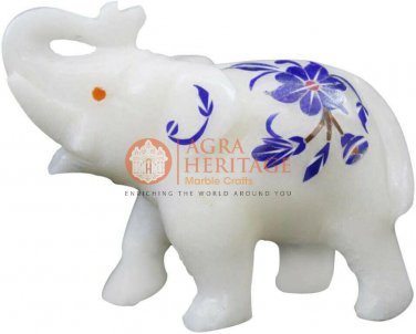 2.5" Marble White Elephant Sculpture Lapis Inlay Floral Art New Year Eve Gifts