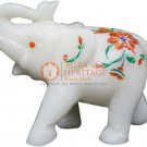 2.5" Marble White Elephant Showpiece Carnelian Marquetry Inlaid Wedding Gift Art